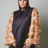 369 Double-breasted tailored wool jacket with yellow/orange fringed jacquard sleeves Size 50/52