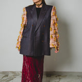 369 Double-breasted tailored wool jacket with yellow/orange fringed jacquard sleeves Size 50/52