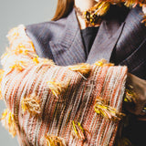 369 Double-breasted tailored wool jacket with yellow/orange fringed jacquard sleeves Size 50/52