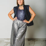36 - Pantalone palazzo NICOLE  sartoriale in lana spalmata argento