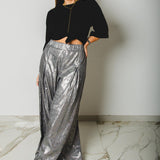 36 - Pantalone palazzo NICOLE  sartoriale in lana spalmata argento