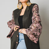 371 Green jacket in 100% light wool with rhinestones and wide pink jacquard sleeves Size 50