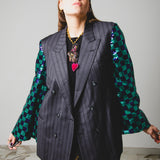 378 Dark grey Loro Piana 100's wool double-breasted pinstriped jacket with purple/green checked sequin sleeves Size 46-48