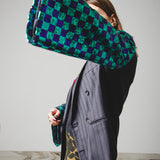 378 Dark grey Loro Piana 100's wool double-breasted pinstriped jacket with purple/green checked sequin sleeves Size 46-48