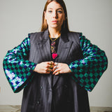 378 Dark grey Loro Piana 100's wool double-breasted pinstriped jacket with purple/green checked sequin sleeves Size 46-48