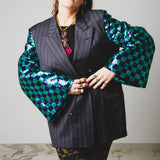 378 Dark grey Loro Piana 100's wool double-breasted pinstriped jacket with purple/green checked sequin sleeves Size 46-48