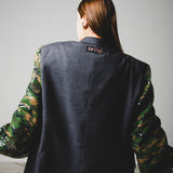 379 Grey 3-button jacket in pure virgin wool with green sequin camouflage sleeves Size 58