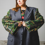 379 Grey 3-button jacket in pure virgin wool with green sequin camouflage sleeves Size 58