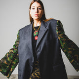 379 Grey 3-button jacket in pure virgin wool with green sequin camouflage sleeves Size 58