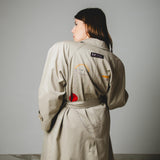 385 Beige upcycling vintage trench coat with raglan sleeves, rhinestones and hand-painted illustration - size 46/48