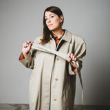 385 Beige upcycling vintage trench coat with raglan sleeves, rhinestones and hand-painted illustration - size 46/48