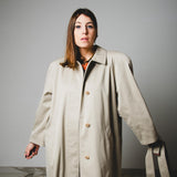 385 Beige upcycling vintage trench coat with raglan sleeves, rhinestones and hand-painted illustration - size 46/48