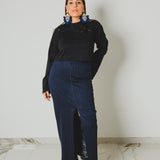 387 - ALMA Skirt – Gonna sartoriale con spacco centrale elasticizzata gessata blu Tg 42/44