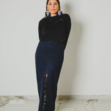387 - ALMA Skirt – Gonna sartoriale con spacco centrale elasticizzata gessata blu Tg 42/44