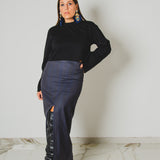 388 - ALMA Skirt – Gonna sartoriale con spacco centrale in lana gessata blu Tg 42