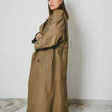 Vintage upcycling trench coat with raglan sleeves and cape with rhinestones and hand-painted illustration - size 50/52