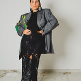 389 - ALMA Skirt – Gonna sartoriale con spacco centrale in pizzo elasticizzato nero Tg 42