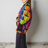 SPRING BOMBER STYLE JACKET IN TECHNICAL FABRIC WITH COLORFUL WOLVES - REVERSIBLE IN BLACK VELVET FABRIC - CONTRASTING POCKETS