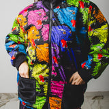 SPRING BOMBER STYLE JACKET IN TECHNICAL FABRIC WITH COLORFUL WOLVES - REVERSIBLE IN BLACK VELVET FABRIC - CONTRASTING POCKETS