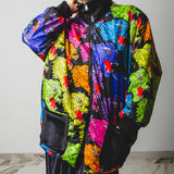 SPRING BOMBER STYLE JACKET IN TECHNICAL FABRIC WITH COLORFUL WOLVES - REVERSIBLE IN BLACK VELVET FABRIC - CONTRASTING POCKETS
