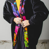 SPRING BOMBER STYLE JACKET IN TECHNICAL FABRIC WITH COLORFUL WOLVES - REVERSIBLE IN BLACK VELVET FABRIC - CONTRASTING POCKETS