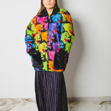 SPRING BOMBER STYLE JACKET IN TECHNICAL FABRIC WITH COLORFUL WOLVES - REVERSIBLE IN BLACK VELVET FABRIC - CONTRASTING POCKETS