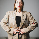 392 Vintage Valentino Beige Check Jacket with Hand-Sewn Appliques - Lightweight Wool - Size 48