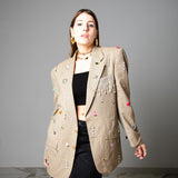 392 Vintage Valentino Beige Check Jacket with Hand-Sewn Appliques - Lightweight Wool - Size 48