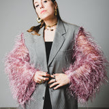393 Black and white checked pure virgin wool jacket with sleeves replaced with pink fringes - lightweight pure virgin wool Size 48