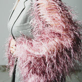 393 Black and white checked pure virgin wool jacket with sleeves replaced with pink fringes - lightweight pure virgin wool Size 48