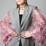 393 Black and white checked pure virgin wool jacket with sleeves replaced with pink fringes - lightweight pure virgin wool Size 48