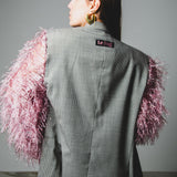 393 Black and white checked pure virgin wool jacket with sleeves replaced with pink fringes - lightweight pure virgin wool Size 48