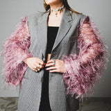 393 Black and white checked pure virgin wool jacket with sleeves replaced with pink fringes - lightweight pure virgin wool Size 48