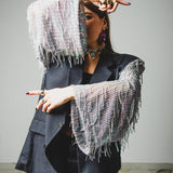 394 Dark grey 2 button pure virgin wool jacket with sleeves replaced with aqua green sequin fringes - pure virgin wool Size 52