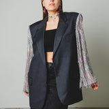 394 Dark grey 2 button pure virgin wool jacket with sleeves replaced with aqua green sequin fringes - pure virgin wool Size 52