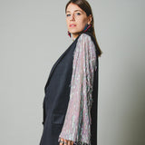 394 Dark grey 2 button pure virgin wool jacket with sleeves replaced with aqua green sequin fringes - pure virgin wool Size 52