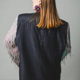394 Dark grey 2 button pure virgin wool jacket with sleeves replaced with aqua green sequin fringes - pure virgin wool Size 52