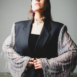 394 Dark grey 2 button pure virgin wool jacket with sleeves replaced with aqua green sequin fringes - pure virgin wool Size 52