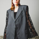 395 Dark grey viscose jacket 3 buttons with sleeves replaced with lace/tulle with black sequins Size 58