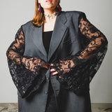 395 Dark grey viscose jacket 3 buttons with sleeves replaced with lace/tulle with black sequins Size 58