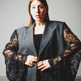 395 Dark grey viscose jacket 3 buttons with sleeves replaced with lace/tulle with black sequins Size 58