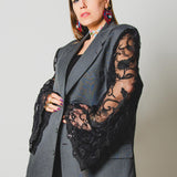 395 Dark grey viscose jacket 3 buttons with sleeves replaced with lace/tulle with black sequins Size 58