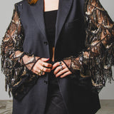 396 Grey chalk stripe lightweight virgin wool jacket - 3 buttons with sleeves replaced with lace/tulle with black and gold sequin fringes Size 50