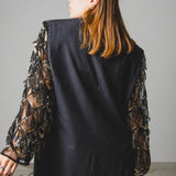 396 Grey chalk stripe lightweight virgin wool jacket - 3 buttons with sleeves replaced with lace/tulle with black and gold sequin fringes Size 50
