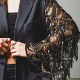 396 Grey chalk stripe lightweight virgin wool jacket - 3 buttons with sleeves replaced with lace/tulle with black and gold sequin fringes Size 50