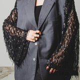 397 Dark grey lightweight 100's wool jacket - 3 buttons with sleeves replaced with lace/tulle with black sequin fringes Size 54/56