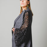 397 Dark grey lightweight 100's wool jacket - 3 buttons with sleeves replaced with lace/tulle with black sequin fringes Size 54/56