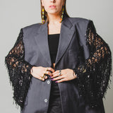 397 Dark grey lightweight 100's wool jacket - 3 buttons with sleeves replaced with lace/tulle with black sequin fringes Size 54/56