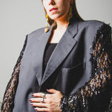 397 Dark grey lightweight 100's wool jacket - 3 buttons with sleeves replaced with lace/tulle with black sequin fringes Size 54/56