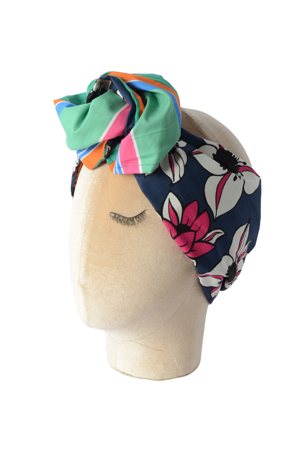 Fascia modellabile per capelli in cotone a fiori e righe multicolor double-face